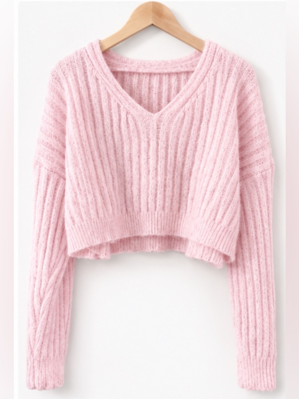 SHEIN Light Pink Ribbed Cropped V-Neck Sweater